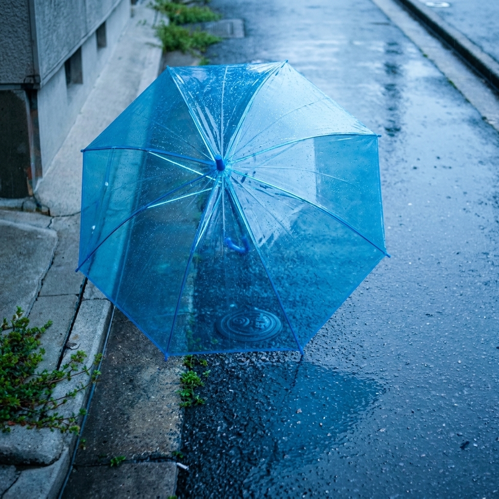 雨に濡れた路地に置かれた青い透明な傘